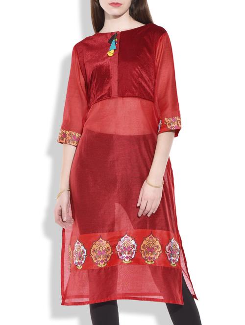 crimson printed and beaded chanderi silk kurta - 9609404 - Very Small Image - 1
