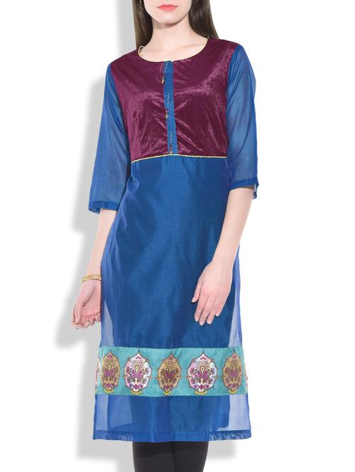 royal blue printed and beaded chanderi silk kurta - 9609405 - Very Small Image - 1