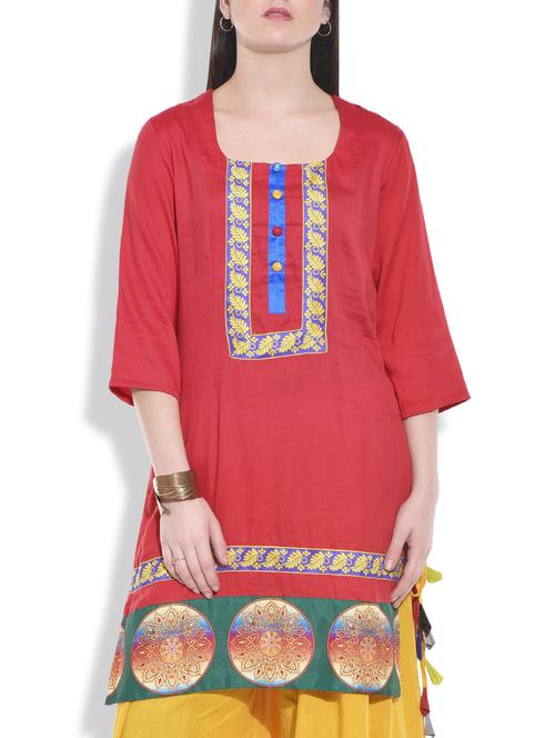 red multi printed cotton kurta - 9609416 - Very Small Image - 1
