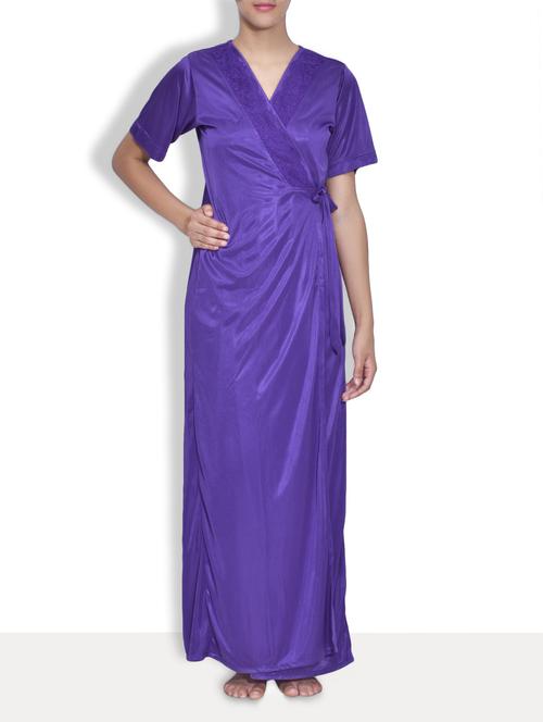 solid purple laced micro satin nightie and robe set - 9609901 - Very Small Image - 1