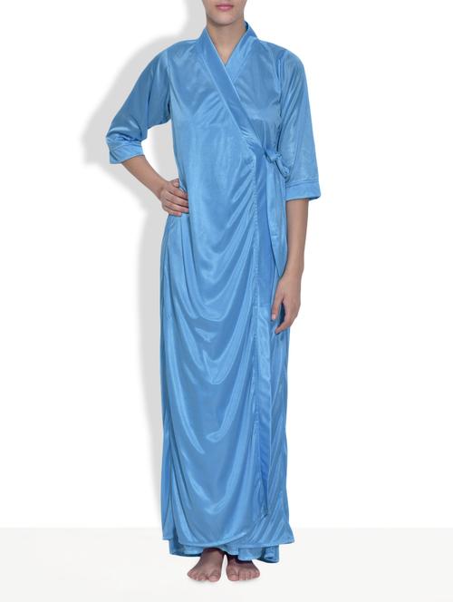 solid sky blue laced micro satin nightie and robe set - 9609939 - Very Small Image - 1