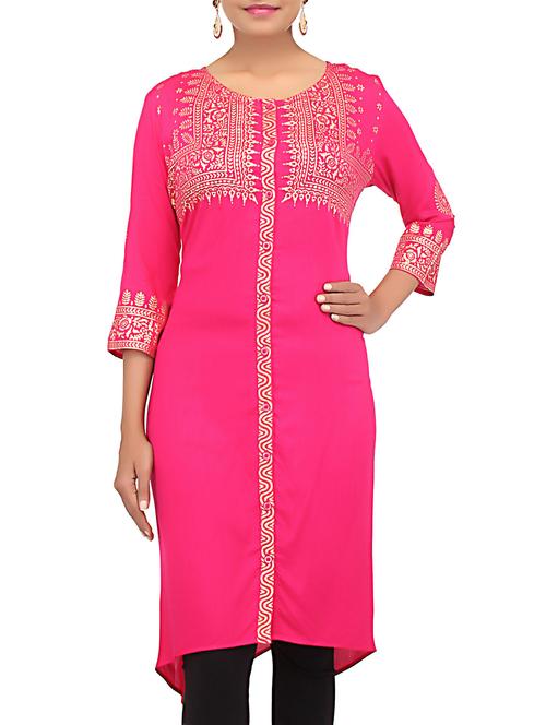 fuchsia printed rayon long kurti - 9612140 - Very Small Image - 1
