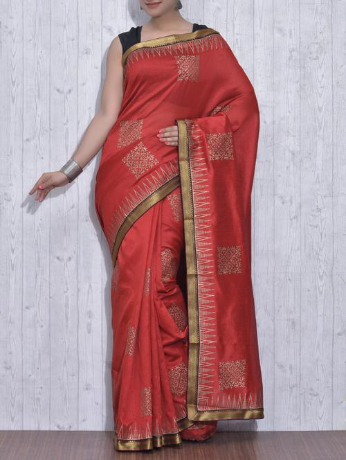 Red and Gold Poly Dupion Silk Printed Sari - 9613386 - Very Small Image - 1
