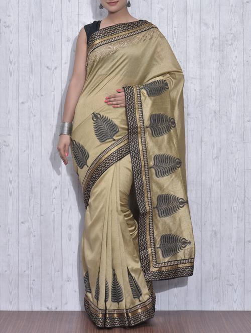 Beige and Gold Poly Dupion Silk Printed Sari - 9613389 - Very Small Image - 1