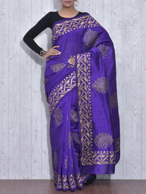Blue and Gold Poly Dupion Silk Printed Sari - 9613405 - Very Small Image - 1