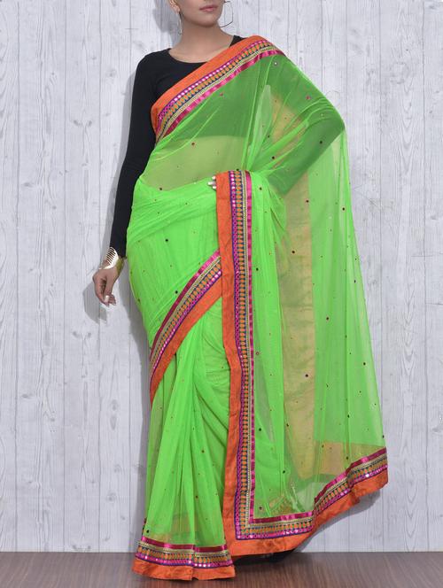 Green Net Embroidered Sari - 9613411 - Very Small Image - 1