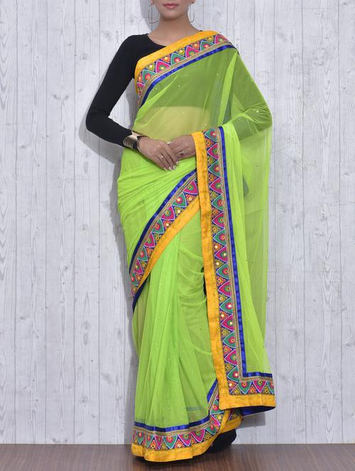 Green Net Embroidered Sari - 9613412 - Very Small Image - 1