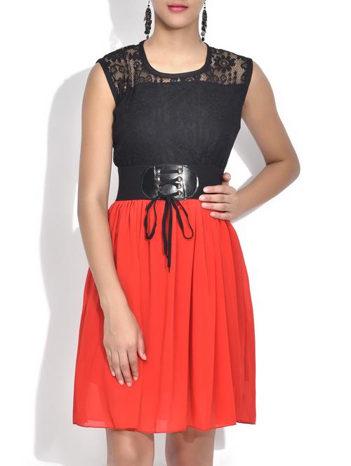 Rust and black sleeveless knee length dress - 9613704 - Very Small Image - 1