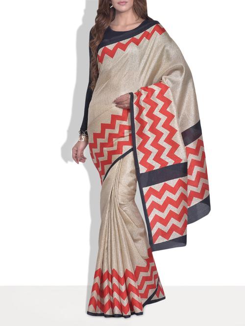 beige chevron printed silk saree - 9613962 - Very Small Image - 1