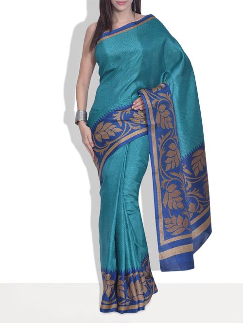 turquoise printed silk saree - 9613966 - Very Small Image - 1