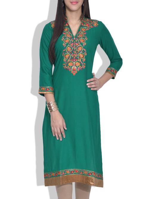 teal embroidered rayon kurta - 9613990 - Very Small Image - 1