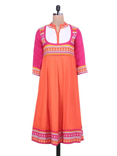 pink and orange rayon printed flared kurta - 9614225 - Very Small Image - 1