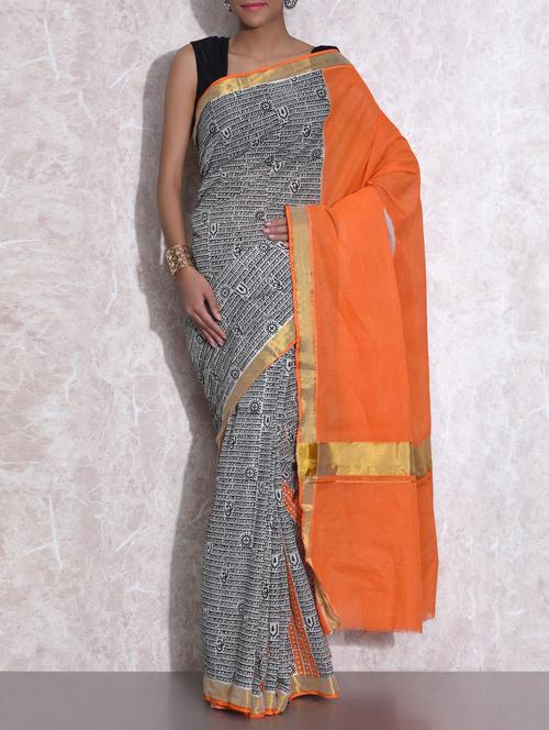monochrome kerala cotton block printed saree - 9616298 - Very Small Image - 1