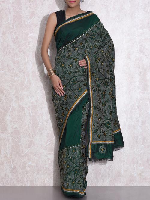 dark green silk embroidered saree - 9616300 - Very Small Image - 1