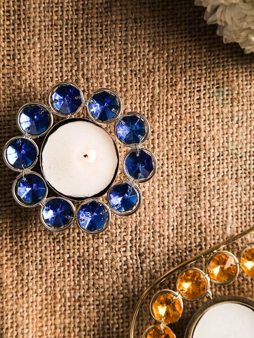 gold n blue crystal flower t-lite holder - 9617237 - Very Small Image - 1