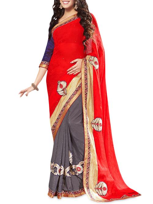 red georgette patchworked saree - 9618337 - Very Small Image - 1