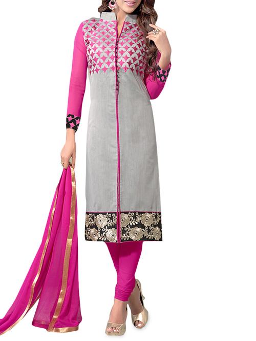 grey chanderi embroidered unstitched suit set - 9618451 - Very Small Image - 1