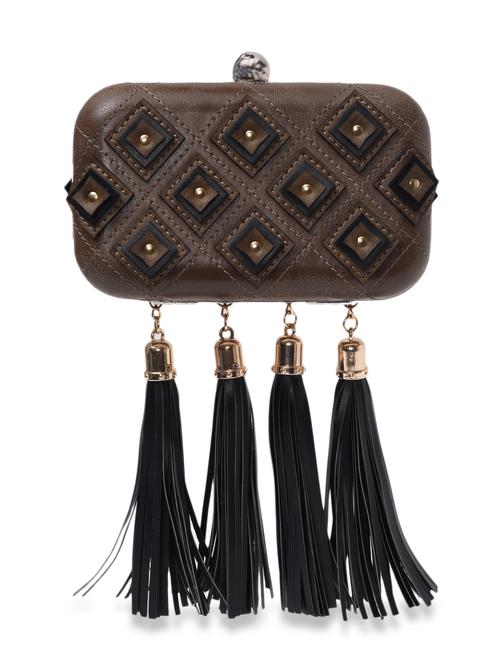 brown textured faux leather tasselled box clutch - 9619650 - Very Small Image - 1