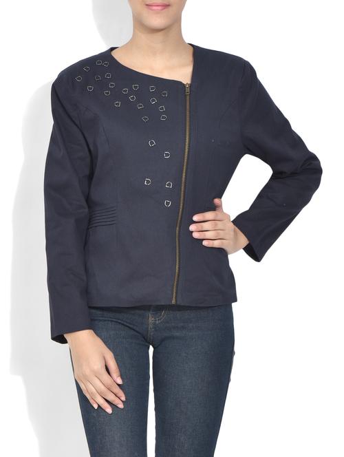 navy blue embellished zippered cotton twill jacket - 9619705 - Very Small Image - 1