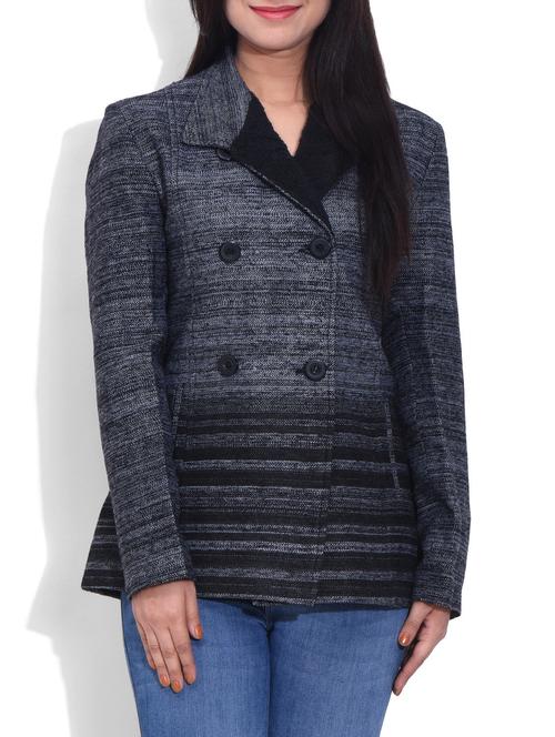 Grey Woollen Blend Striped Coat - 9620255 - Very Small Image - 1
