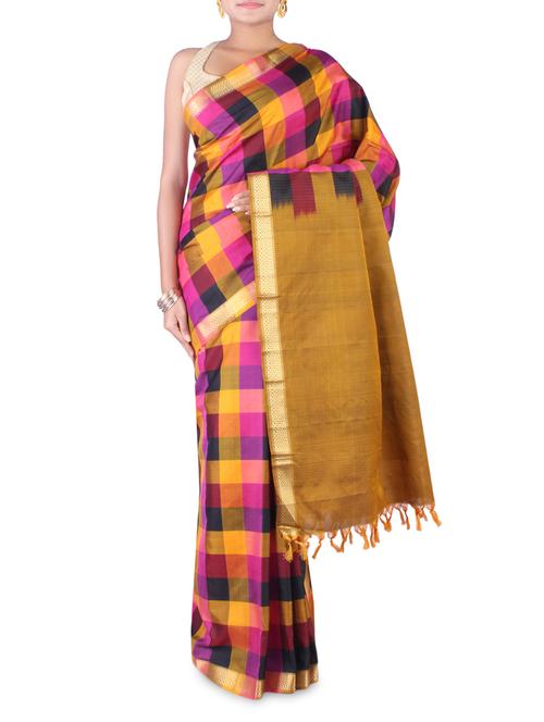 Multicolored checkered pure kanjivaram silk saree - 9620482 - Very Small Image - 1