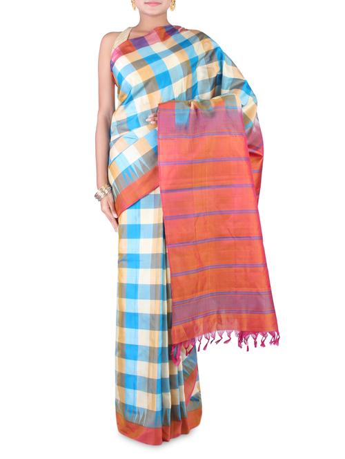 Multicolored checkered pure kanjivaram silk saree - 9620484 - Very Small Image - 1