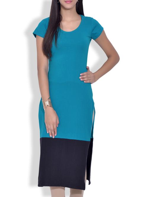 blue color blocked knitted cotton kurta - 9620836 - Very Small Image - 1