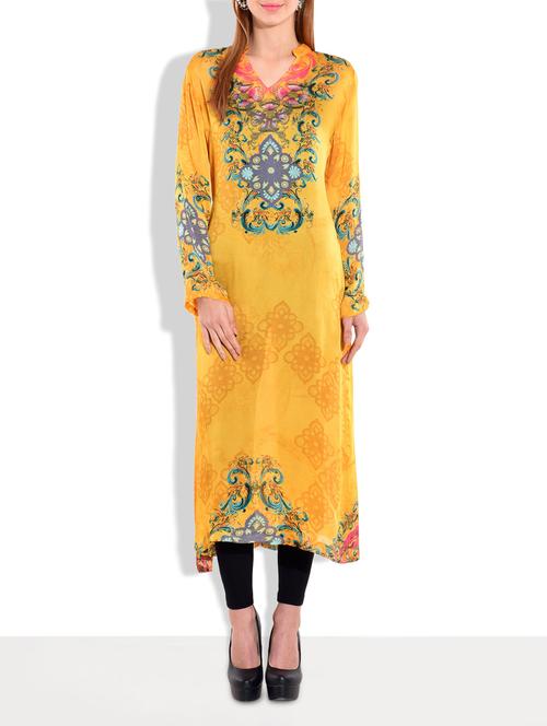 mustard satin digital abstract printed kurta - 9622362 - Very Small Image - 1