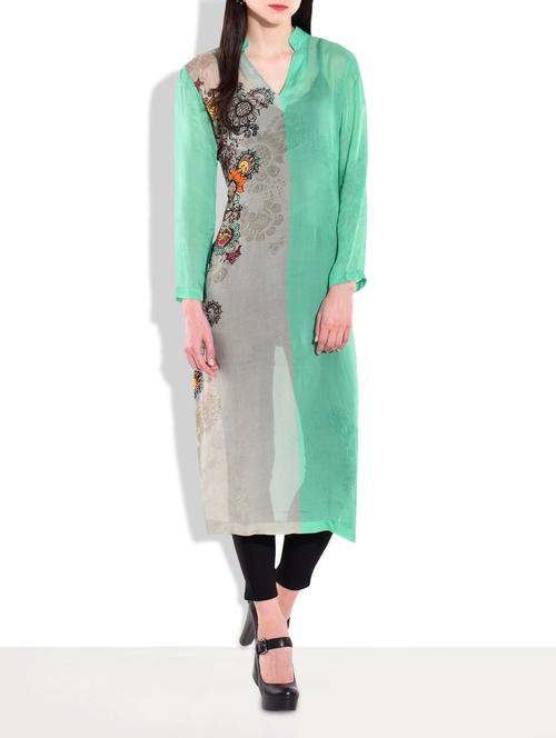 green and grey full sleeved digital printed kurta - 9622368 - Very Small Image - 1