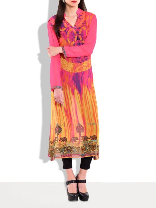 pink full sleeved digital abstract printed kurta - 9622371 - Very Small Image - 1