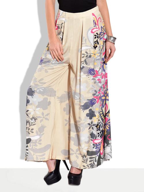 beige rayon digital printed palazzos - 9622374 - Very Small Image - 1