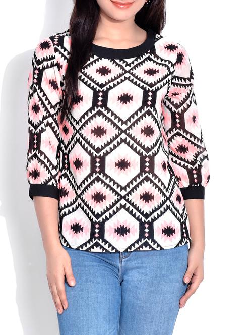 beige georgette honey comb printed top - 9625543 - Very Small Image - 1