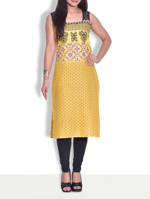 yellow poly cotton printed kurta - 9625606 - Very Small Image - 1