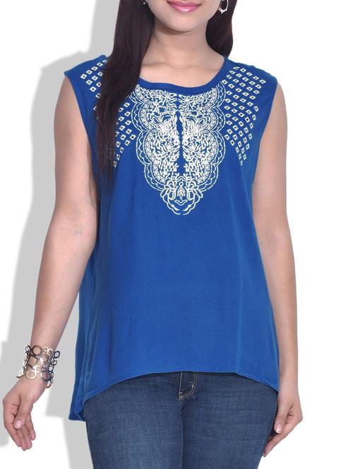 royal blue sleeveless embroidered rayon top - 9625776 - Very Small Image - 1