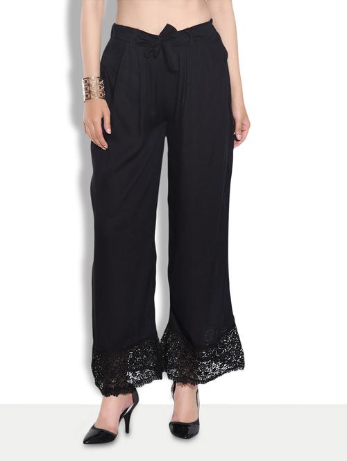 solid black rayon palazzos with laced hem - 9626622 - Very Small Image - 1