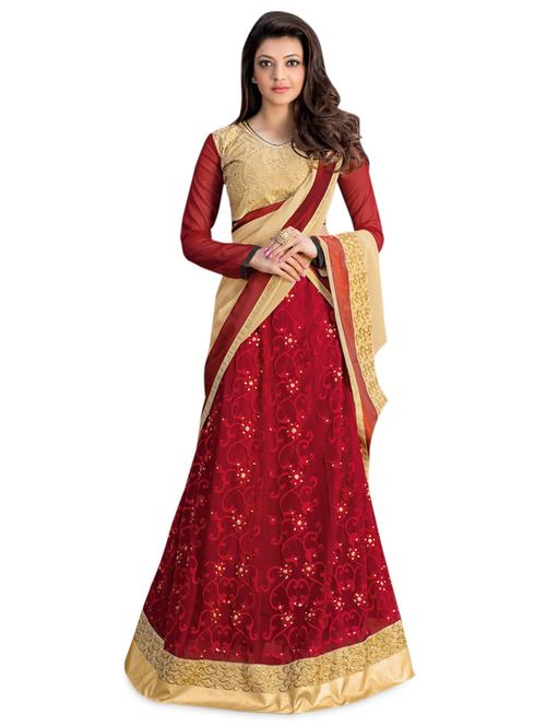 maroon chiffon semistiched embroidered lehenga set - 9628802 - Very Small Image - 1