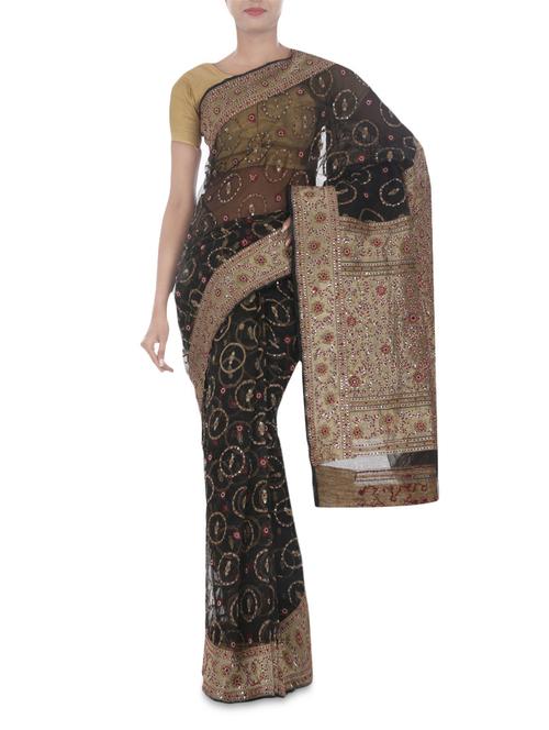 banarasi black colour pure silk net handloom saree - 9630404 - Very Small Image - 1