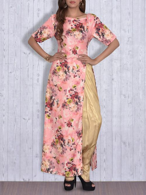peach floral printed kurti with slit - 9630700 - Very Small Image - 1