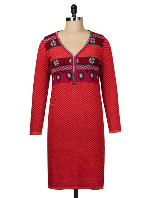 red acrylic printed kurta - 9631878 - Very Small Image - 1