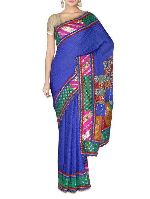 blue cutdana embroidered faux chiffon jacquard saree - 9632103 - Very Small Image - 1