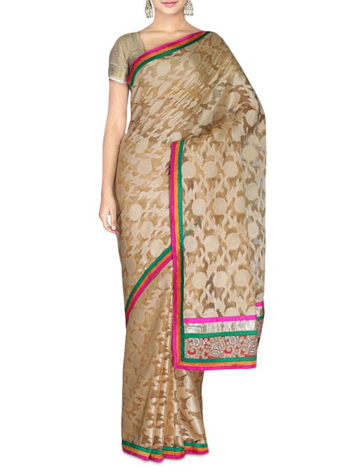 beige patch worked jacquard saree - 9632125 - Very Small Image - 1