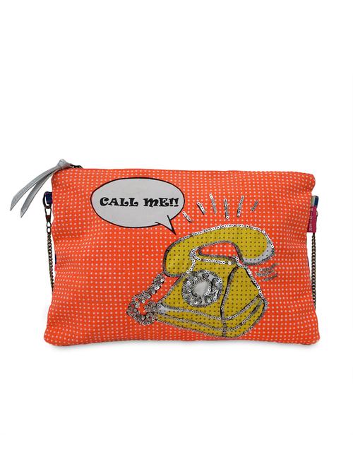 orange sequined canvas and leatherette sling bag - 9633424 - Very Small Image - 1