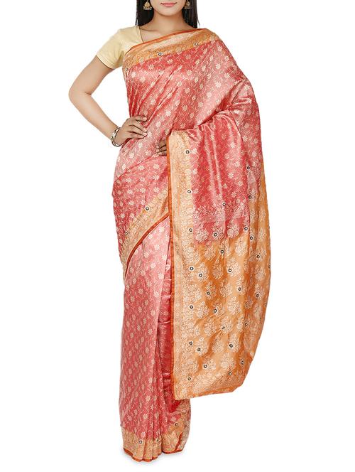 red colour banarasi satin silk saree with resham weaving and hand embroidry - 9633511 - Very Small Image - 1