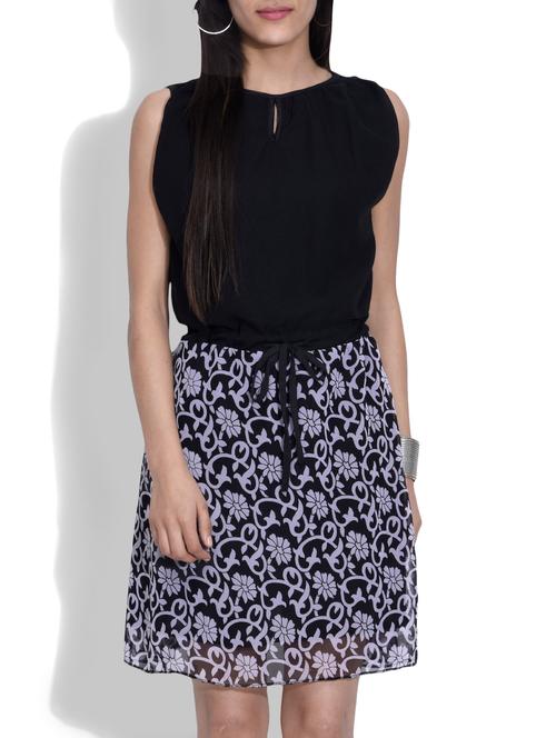 black and white georgette printed blouson dress - 9635162 - Very Small Image - 1