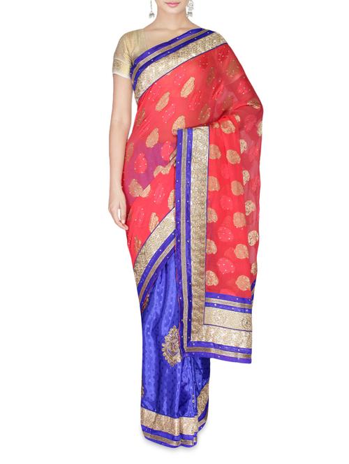 Coral and blue embellished patchwork saree - 9635458 - Very Small Image - 1