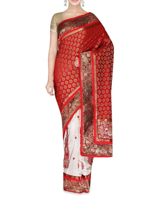 Red and white embroidered patchwork saree - 9635463 - Very Small Image - 1