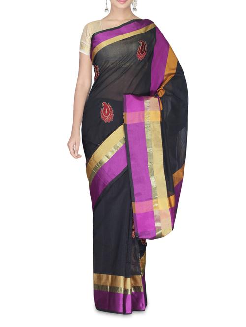 Black embroidered art chanderi cotton saree - 9635464 - Very Small Image - 1
