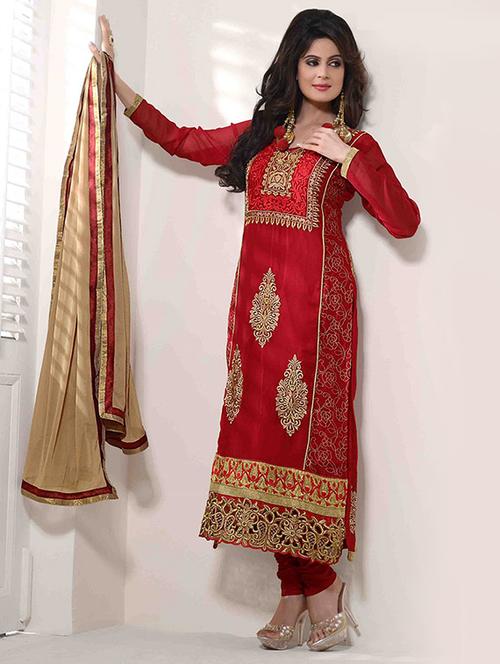 cherry red embroidered georgette suit set - 9636499 - Very Small Image - 1
