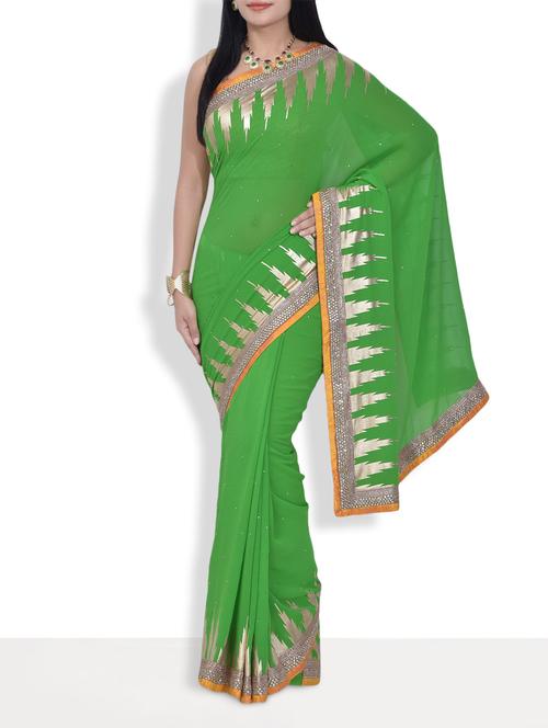 parrot green embellished silk georgette handworked saree with blouse - 9637072 - Very Small Image - 1