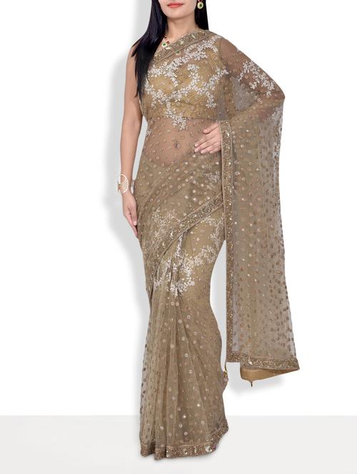 beige handworked net saree with blouse - 9637108 - Very Small Image - 1